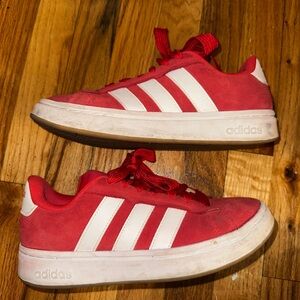 Adidas Scarlet and White Striped Sneakers